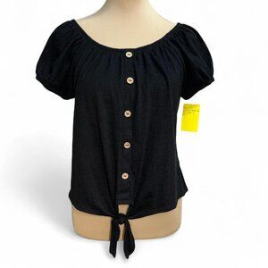 No Boundaries Black Faux Button Tie Front Crop Top (L)